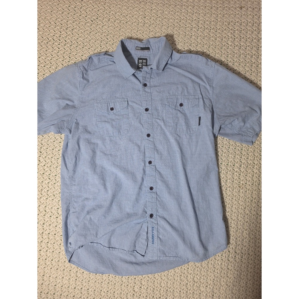 Billabong Button Up Shirt Mens Large Blue Short Sleeve Epaulettes